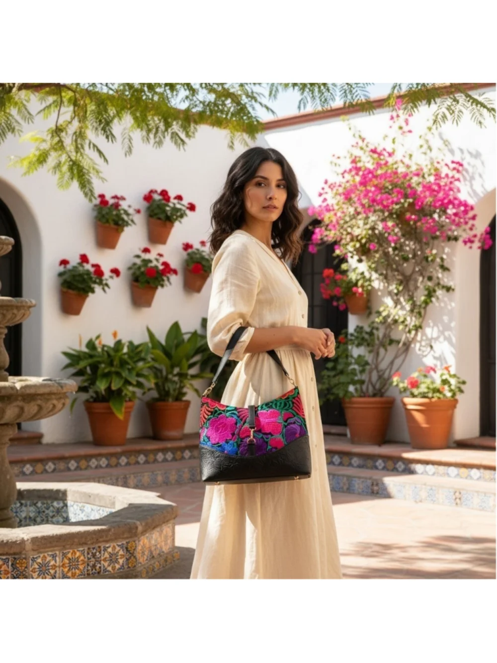 Floral Embroided Embossed Tooled Artisan LEATHER Handbag Shoulder Purse Black